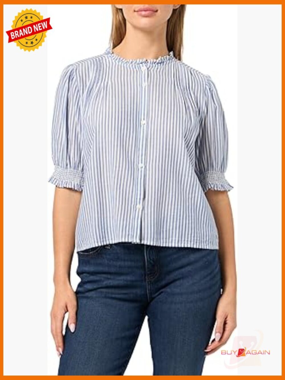 Short Sleeve Button Down Blouse with Puff Sleeve, 100% Cotton, Regular Fit